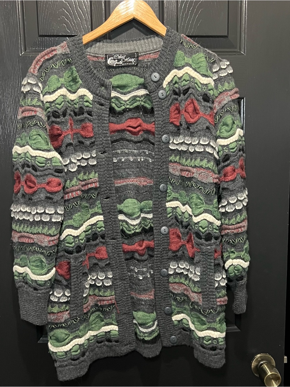 Vintage Oskar Haug Ireland Chunky Knit Button Cardigan L Multi 3D Coogi Style n